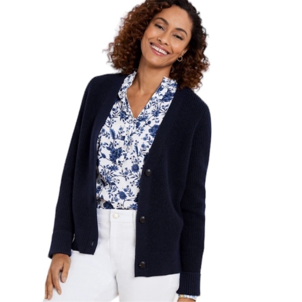 TALBOTS NWT Shaker Stitch Cuffed Back Cardigan in Navy Blue Size XS NEW